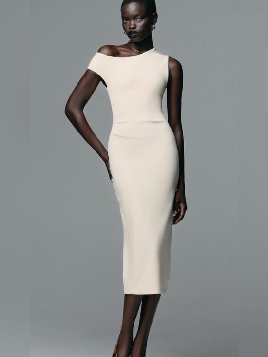 Zara Dresses & Skirts - Zara One-Shoulder Cream Midi Bodycon Dress